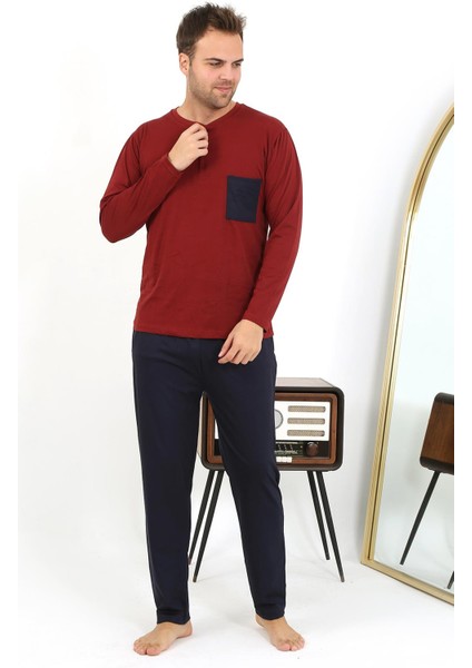 Erkek Uzun Kol Penye Bordo Pijama Takımı 6861