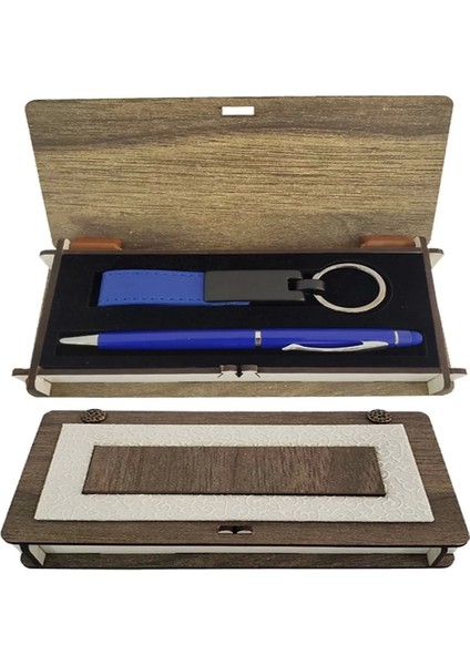 Ahşap Kutulu Mavi Kalem Anahtarlık Set