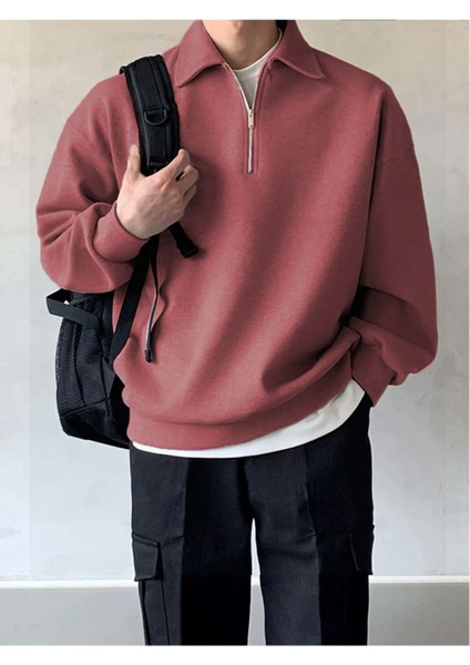 Erkek Yarım Fermuar Rahat Sweatshirt Gül Kurusu