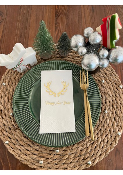 Gold Yaldızlı Beyaz Happy New Year Geyik Boynuzu Peçete 16 Lı