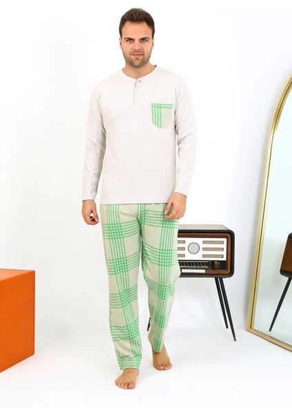 Erkek Uzun Kol Penye Krem Pijama Takımı 6861