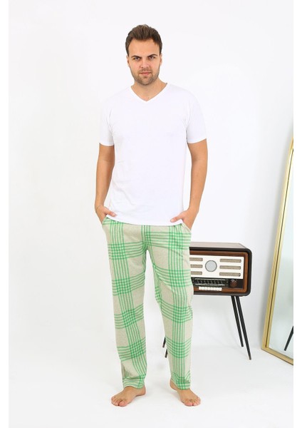 Erkek Ekoseli Desen Penye Tek Alt Pijama 27540 Yeşil