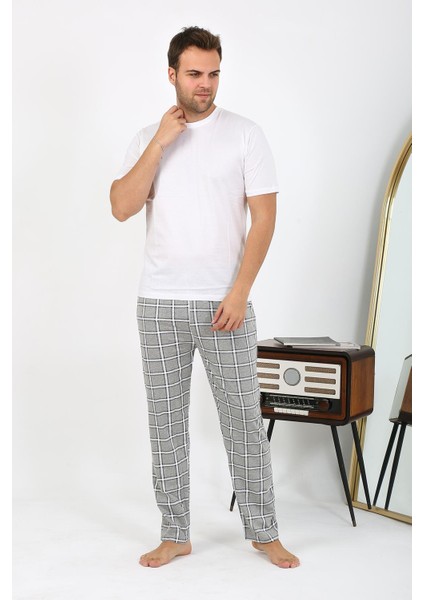 Erkek Ekoseli Desen Penye Tek Alt Pijama 27540 Gri