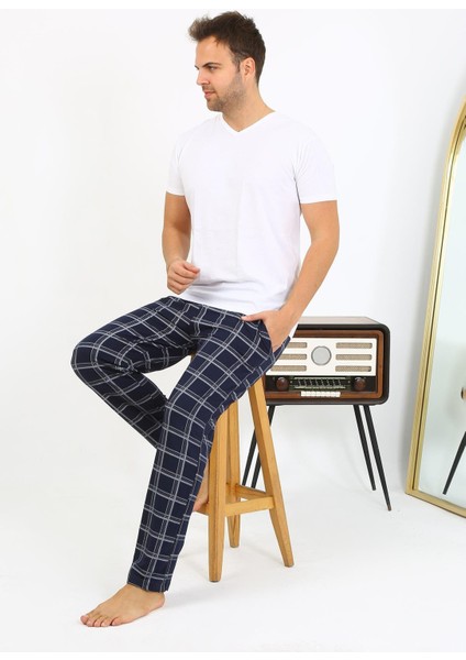 Erkek Ekoseli Desen Penye Tek Alt Pijama 27540 Lacivert