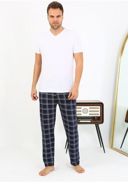 Erkek Ekoseli Desen Penye Tek Alt Pijama 27540 Lacivert