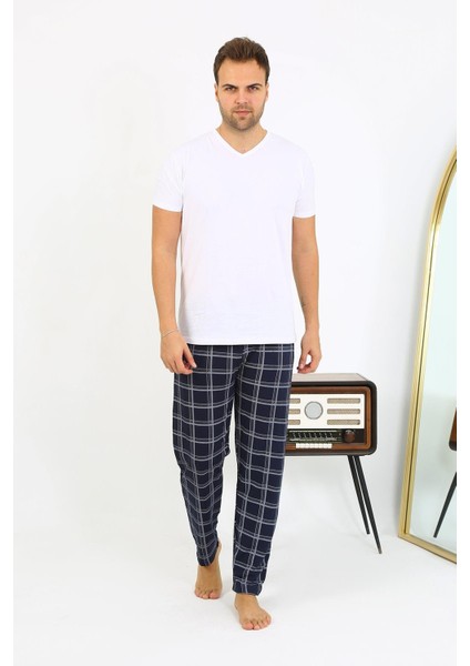 Erkek Ekoseli Desen Penye Tek Alt Pijama 27540 Lacivert