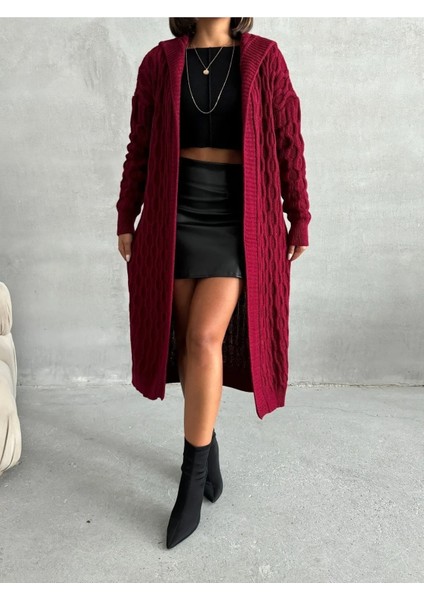 Kadın Standart Beden Kuşaklı Bordo Pamuklu Triko Hırka modelleri