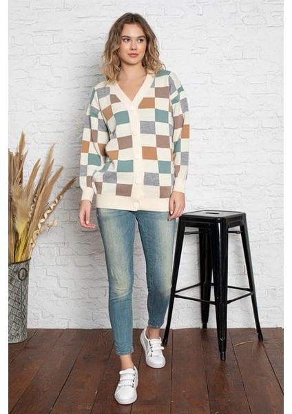 Kare Desenli Oversize Triko Hırka 1905