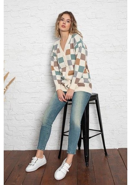 Kare Desenli Oversize Triko Hırka 1905