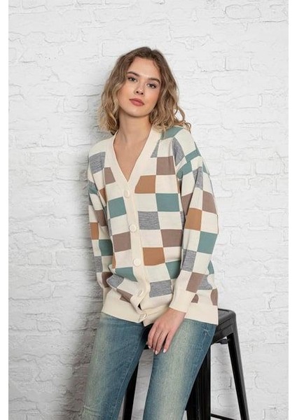Kare Desenli Oversize Triko Hırka 1905