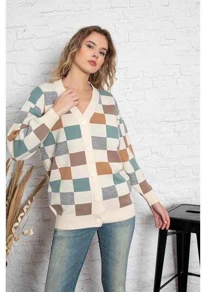 Kare Desenli Oversize Triko Hırka 1905