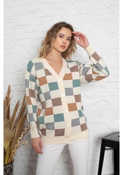 Kare Desenli Oversize Triko Hırka 1905