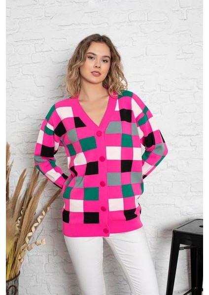 Kare Desenli Oversize Triko Hırka 1905