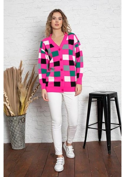 Kare Desenli Oversize Triko Hırka 1905