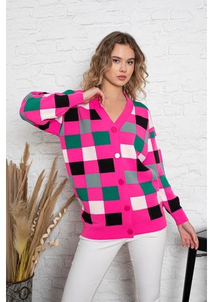 Kare Desenli Oversize Triko Hırka 1905