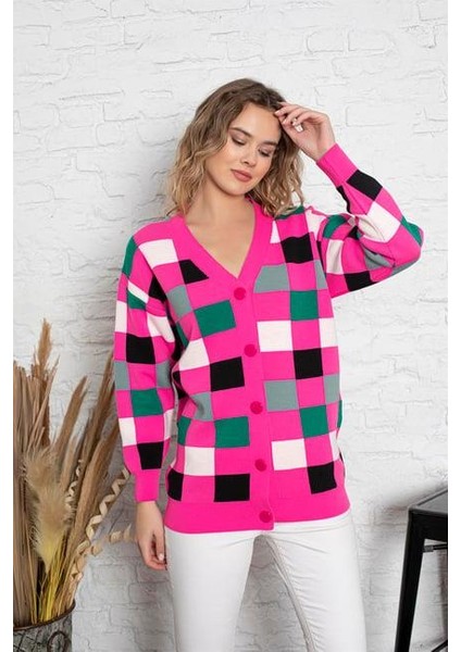 Kare Desenli Oversize Triko Hırka 1905