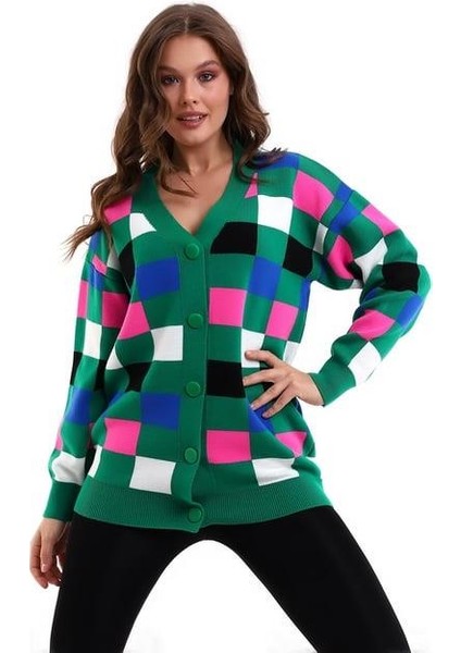 Kare Desenli Oversize Triko Hırka 1905
