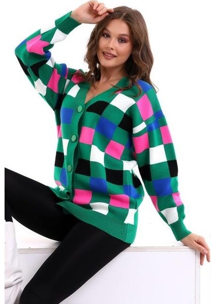 Kare Desenli Oversize Triko Hırka 1905
