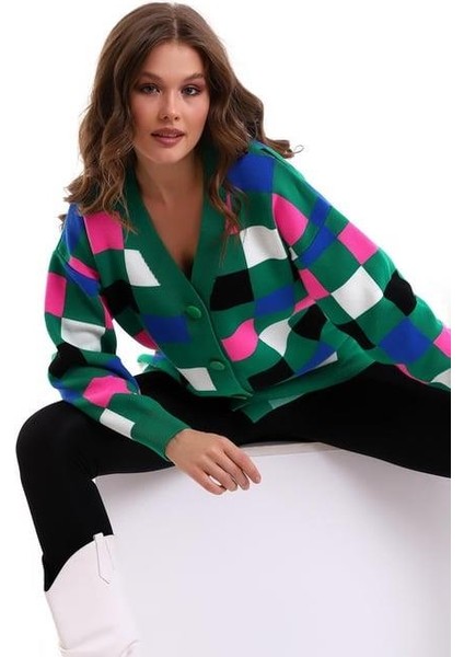 Kare Desenli Oversize Triko Hırka 1905