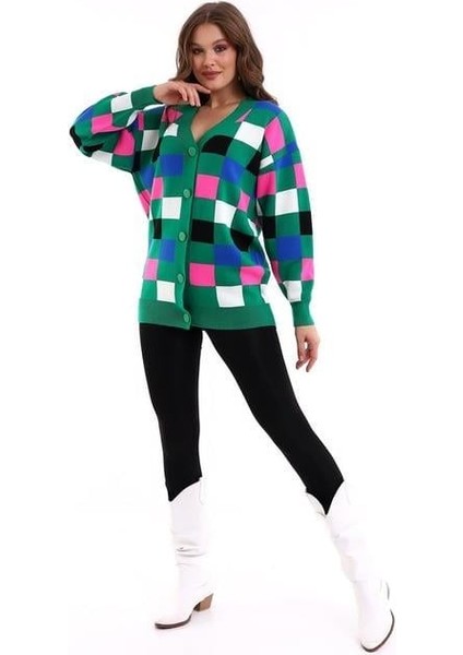 Kare Desenli Oversize Triko Hırka 1905