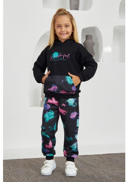 Kız Çocuk Boya Baskı Detaylı Kapşonlu Takım