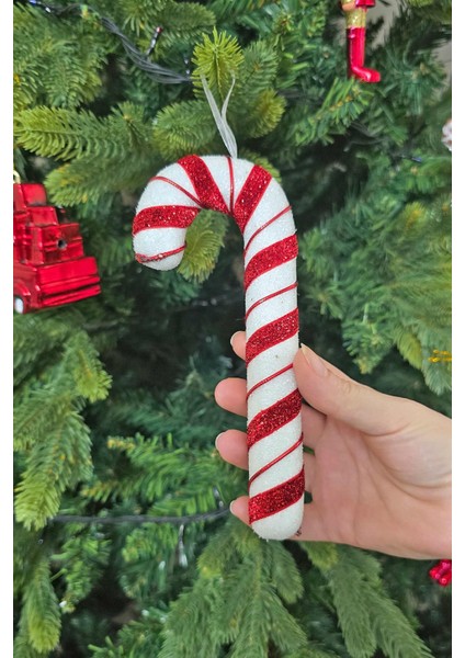 Baston Şeker Süs Uzun Parlak Kırmızı Beyaz Baston Şeker Yılbaşı Ağaç Süsü 17cm