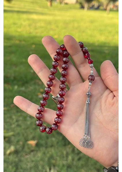 Küre Kırmızı Gümüş Işleme Ateş Kehribar Tesbih fırsatları