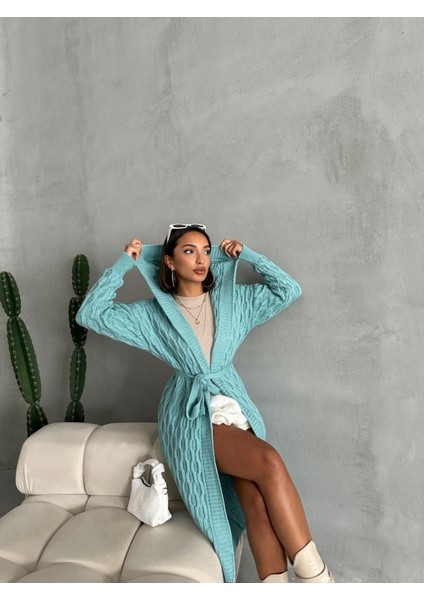 Kadın Standart Beden Kuşaklı Yeşil Pamuklu Triko Hırka fiyatları