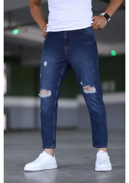 Erkek Boyfiend Yırtıklı Lacivert Kot Pantolon