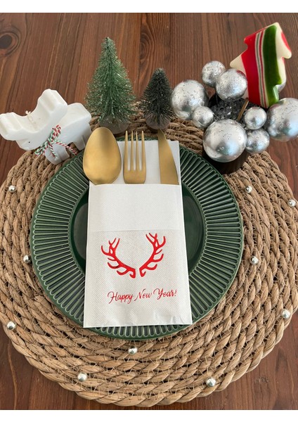 Kırmızı Yaldızlı Beyaz Cepli Aır Touch Happy New Year Geyik Boynuzu Peçete 12 Adet 40X40