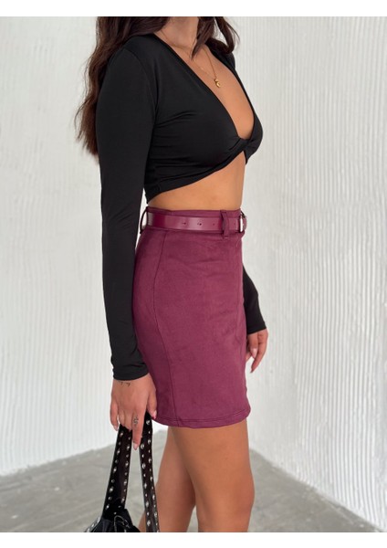 Kadın Mini Boy Süet Etek Kemerli Diz Üstü modelleri
