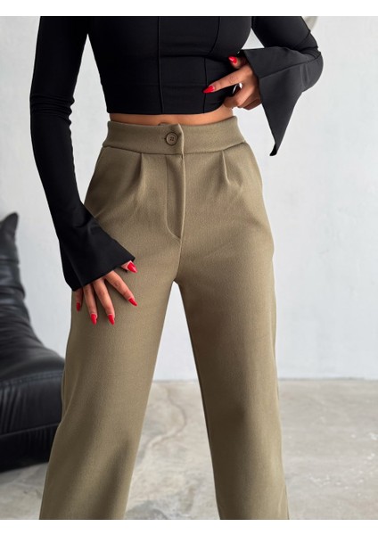 Kadın Kaşe Pantolon Geniş Paça Baggy Yüksek Bel Maxi