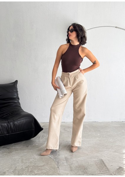 Kadın Kaşe Pantolon Geniş Paça Baggy Yüksek Bel Maxi