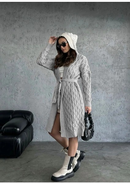 Kadın Standart Beden Kuşaklı Gri Pamuklu Triko Hırka modelleri