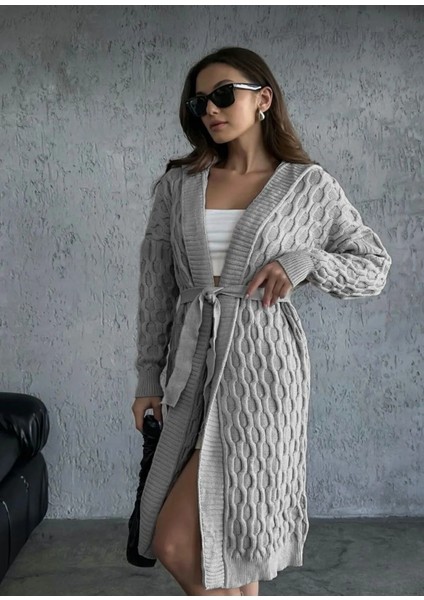 Kadın Standart Beden Kuşaklı Gri Pamuklu Triko Hırka fırsatları