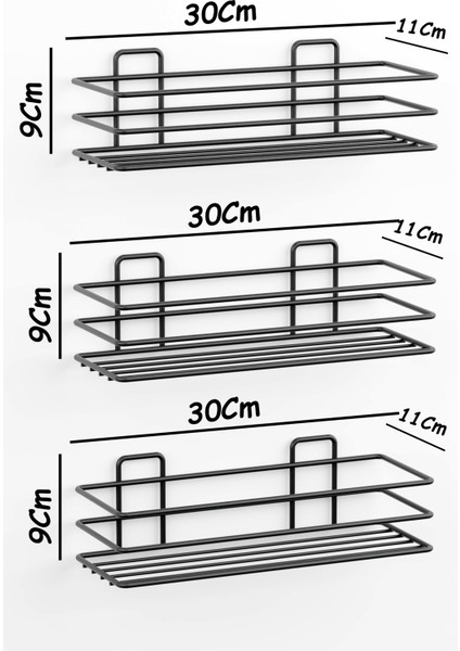 Ömür Boyu Paslanmaz Yapışkanlı 3 Adet Banyo Rafı Duş Şampuanlık Duvar Düzenleyici Organizer Siyah