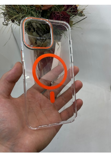 Apple iPhone 15 Pro Max Şeffaf Mika Turuncu Magsafe Kılıf
