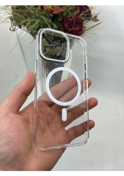 Apple iPhone 15 Pro Max Şeffaf Mika Beyaz Magsafe Kılıf