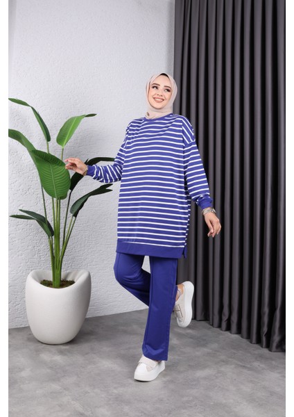 Kadın Tesettür Giyim Bisiklet Yaka ve Çizgili 2 Iplik Pantalon Ile Tunik Takım