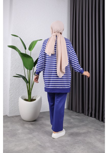 Kadın Tesettür Giyim Bisiklet Yaka ve Çizgili 2 Iplik Pantalon Ile Tunik Takım