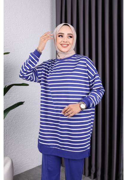 Kadın Tesettür Giyim Bisiklet Yaka ve Çizgili 2 Iplik Pantalon Ile Tunik Takım