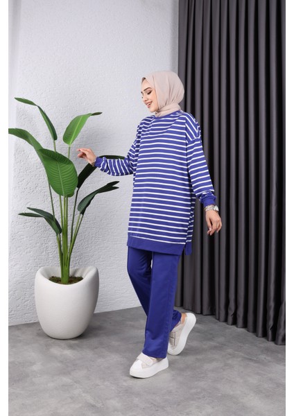 Kadın Tesettür Giyim Bisiklet Yaka ve Çizgili 2 Iplik Pantalon Ile Tunik Takım