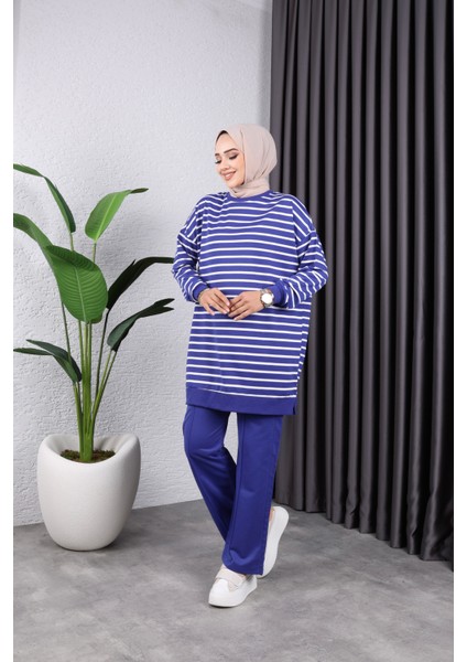 Kadın Tesettür Giyim Bisiklet Yaka ve Çizgili 2 Iplik Pantalon Ile Tunik Takım