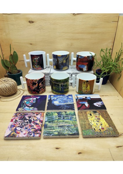 Dali, Van Gogh, Picasso, Kandinsky, Klimt, Monet Tasarımlı 6'lı T Kulplu Kupa Bardak Mug ve Taş Bardak Altlığı Seti