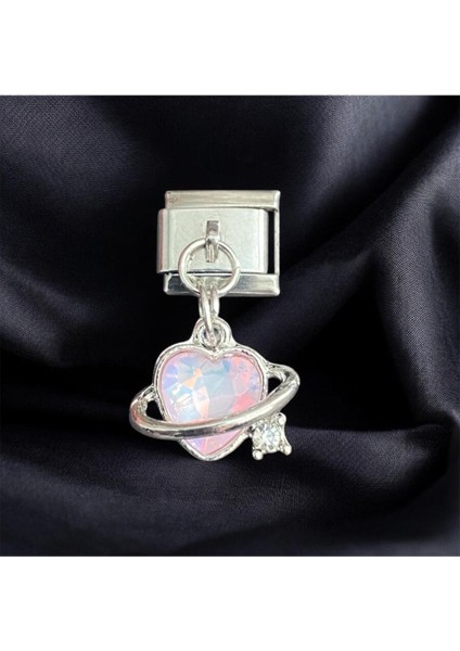 Stainles Steel Zirkon Taşlı Pembe Renkli Kalp Detaylı Charm