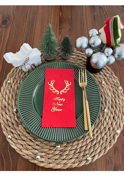 Gold Yaldızlı Kırmızı Happy New Year Küçük Geyik Boynuzu Peçete 16 Lı