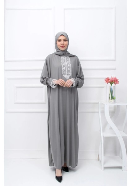 Mevsimlik Kendinden Başörtülü Dantelli Kadın Namaz Elbisesi, Terletmeyen Namaz Kıyafeti-Gri