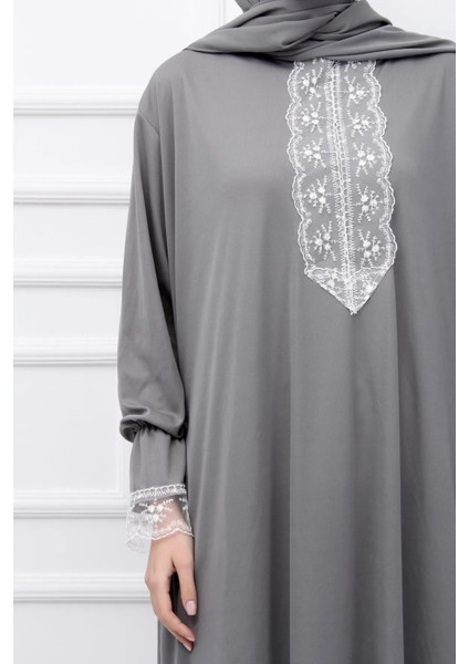 Mevsimlik Kendinden Başörtülü Dantelli Kadın Namaz Elbisesi, Terletmeyen Namaz Kıyafeti-Gri modelleri