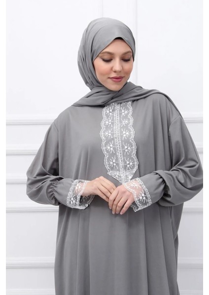 Mevsimlik Kendinden Başörtülü Dantelli Kadın Namaz Elbisesi, Terletmeyen Namaz Kıyafeti-Gri fırsatları