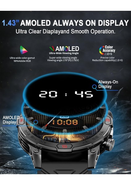 1.43” Amoled Akıllı Saat - Bluetooth Arama, 100+ Spor Modu, IP68 Su Geçirmez